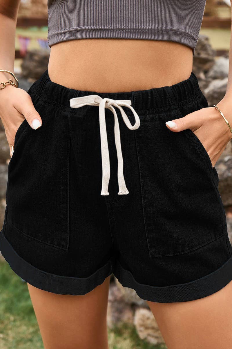 CWJS00039_ELASTIC WAIST CASUAL ROLLED-UP DENIM SHORTS