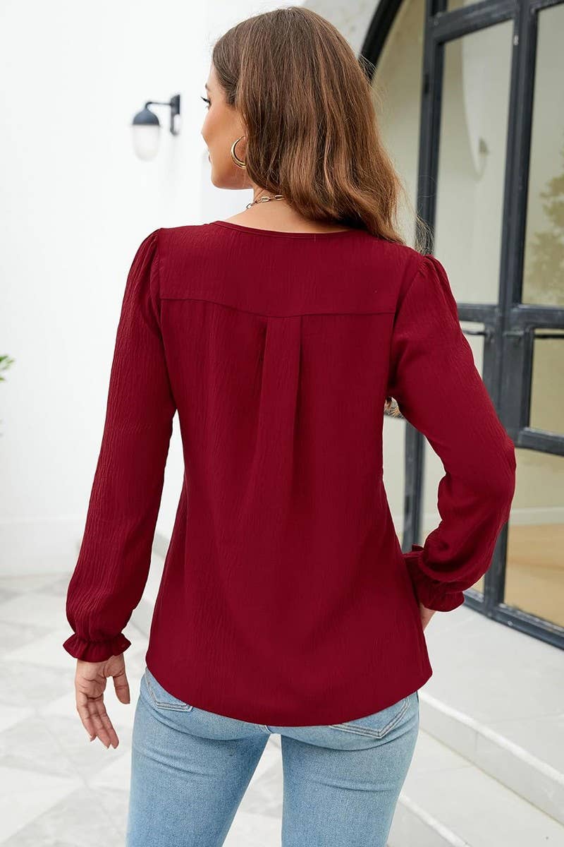 CWTBLL4004_SOLID V-NECK LONG SLEEVE PLEATED CHIFFON BLOUSE