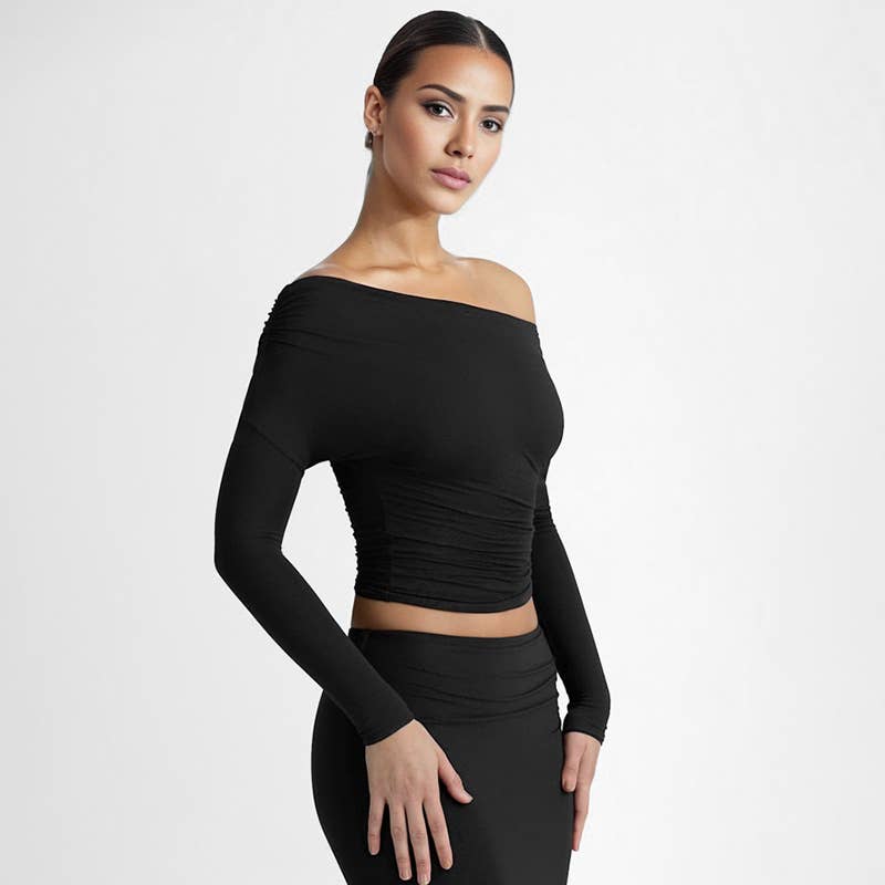 DIAGONAL NECK PLEATED WAIST SOLID COLOR T-SHIRT