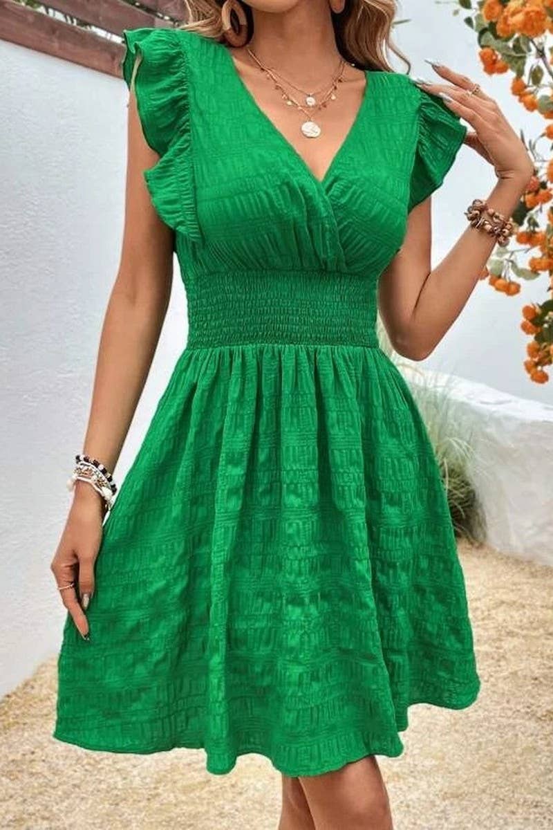 CWDSD8282_NEW SUMMER V-NECK PLEATED DRESS