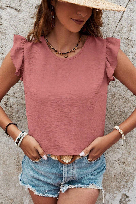 CWTBLSL0696_SOLID COLOR ROUND NECK RUFFLE BOW VEST TOP