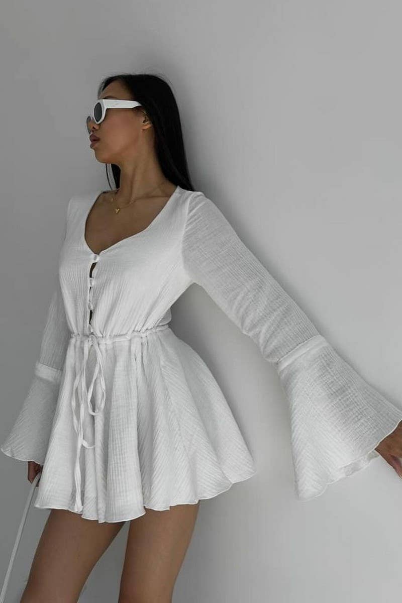 CWSJS1246_DRAWSTRING TRUMPET SLEEVES V-NECK JUMPSUIT