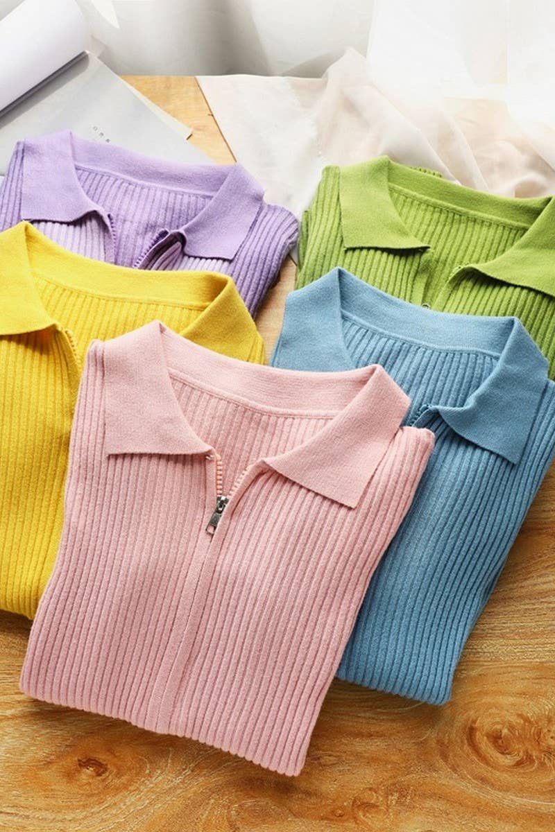 CWOSWL07283_SOLID SLIM KNIT LONG SLEEVE POLO TOP