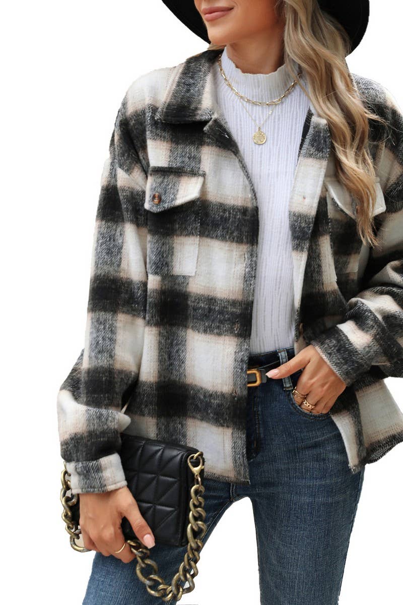 CWOCO0874_LONG SLEEVE LOOSE STRIPED PLAID CARDIGAN COAT
