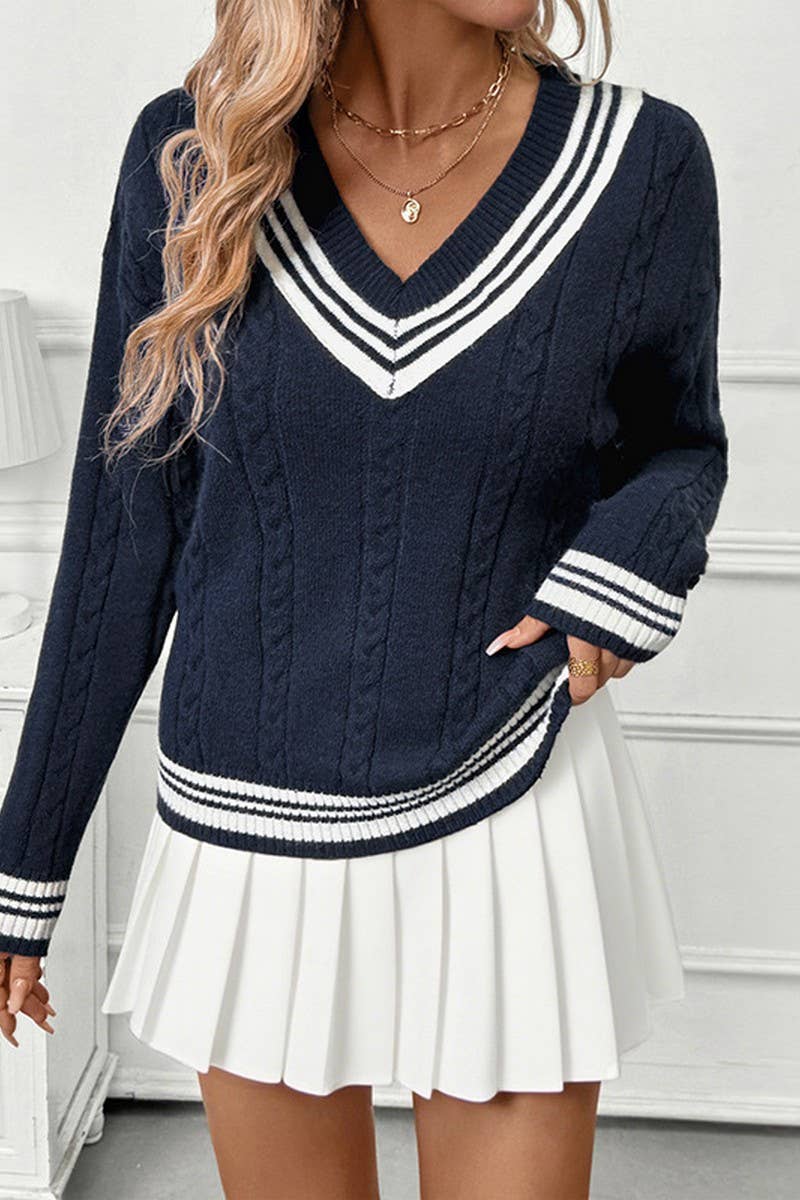 CWOSWL07133_V NECK CABLE KNIT COLORBLOCK PULLOVER SWEATER