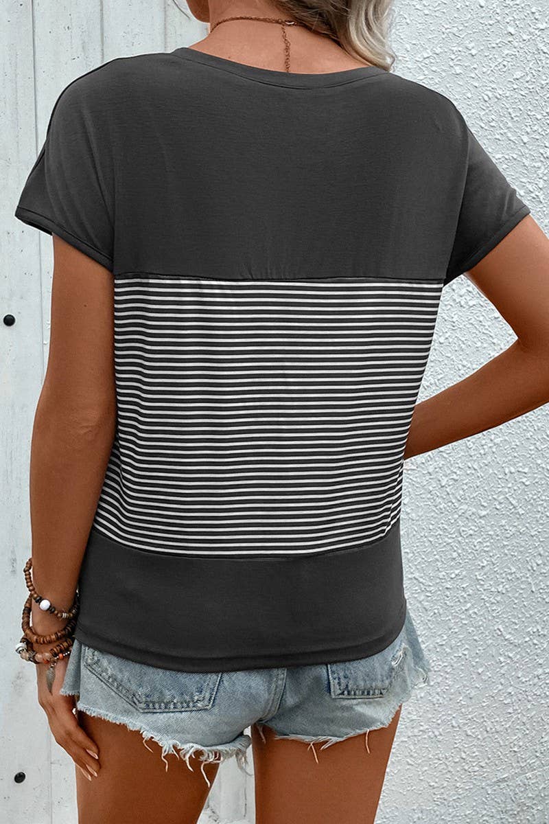 CWTTS1293_SUMMER CASUAL V-NECK FLYING SLEEVE STRIPED T-SHIRT