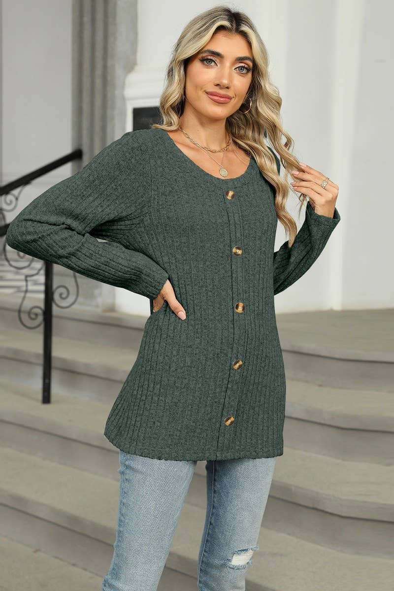 CWOSWL6831_SINGLE-BREASTED ROUND NECK LONG-SLEEVED LOOSE TOP