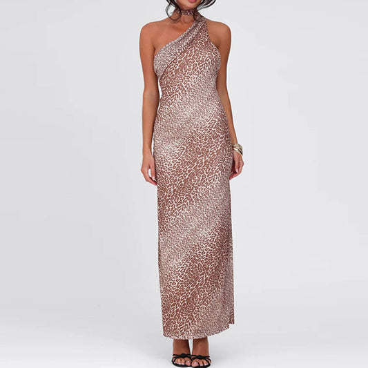 Cinched-neck off-the-shoulder leopard print dress