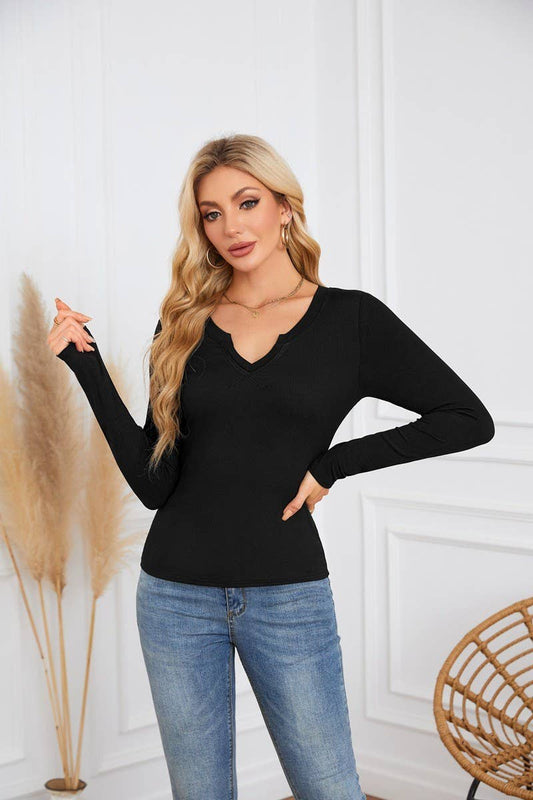CWTBLL4097_DEEP U-NECK CROSS-OVER LONG-SLEEVED T-SHIRT TOP