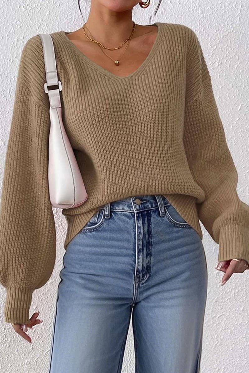 CWTTT00016_WOMEN SOLID V NECK LOOSE KNIT PULLOVER SWEATER