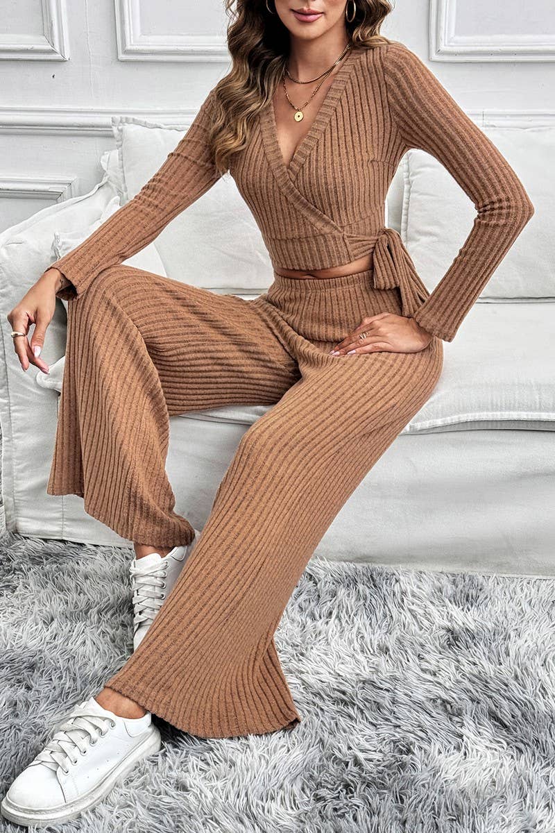 CWSTB1071_V-NECK LONG-SLEEVED SOLID COLOR TEXTURE SUIT