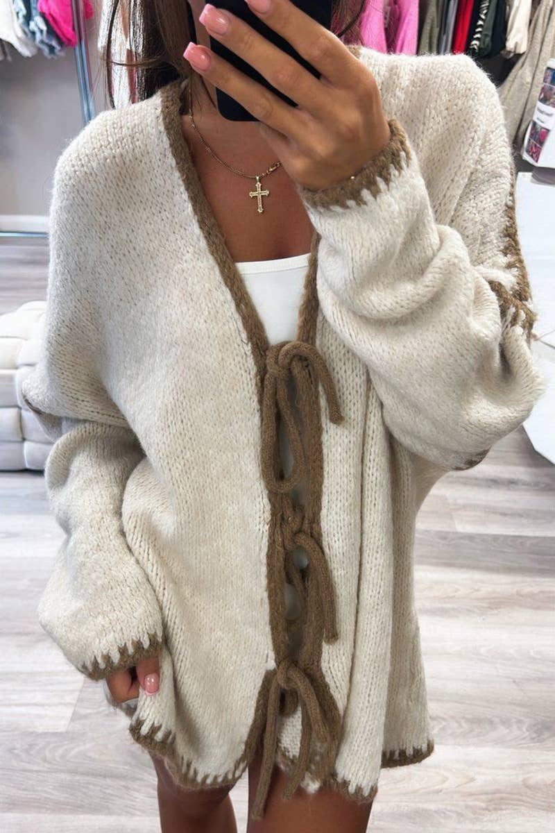 Color-blocking bow knitted cardigan