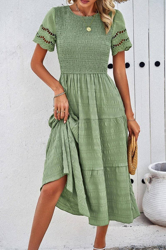 CWDMD6447_TEMPERAMENT SOLID COLOR SHORT SLEEVE HOLLOW DRESS
