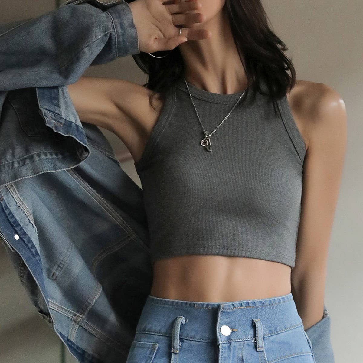 Short Base Ribbed Camisole High Neck Tanks