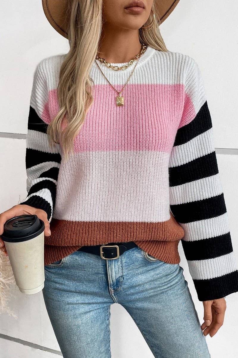 CWOSWL2883_CREW NECK CONTRAST STRIPE KNIT SWEATER_