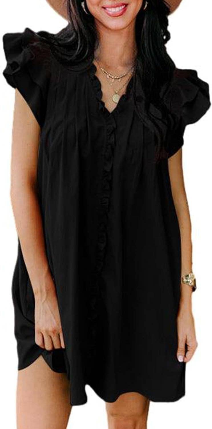 Fashionable V-neck ruffled short-sleeved dress