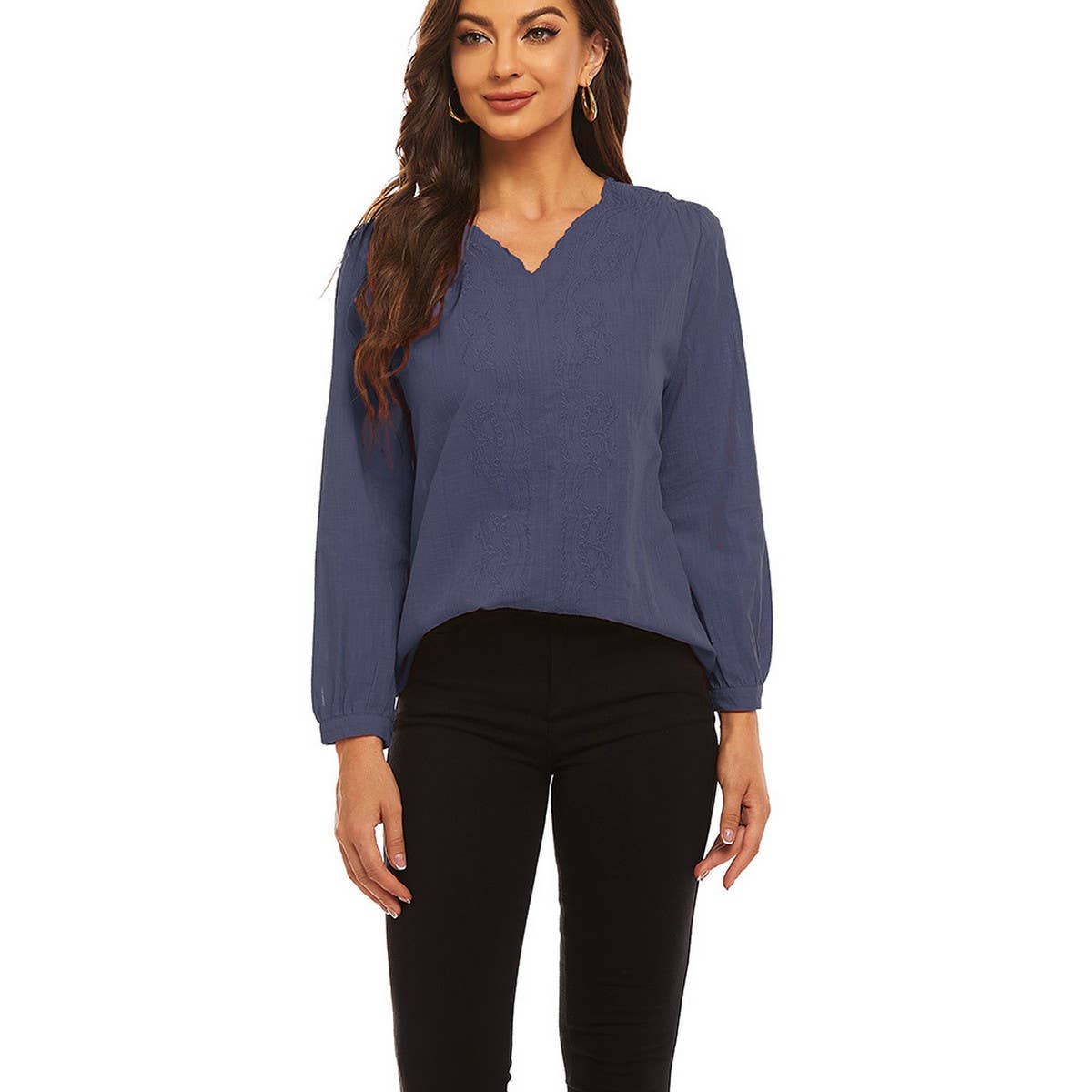 Cotton linen V-neck loose long-sleeved casual top