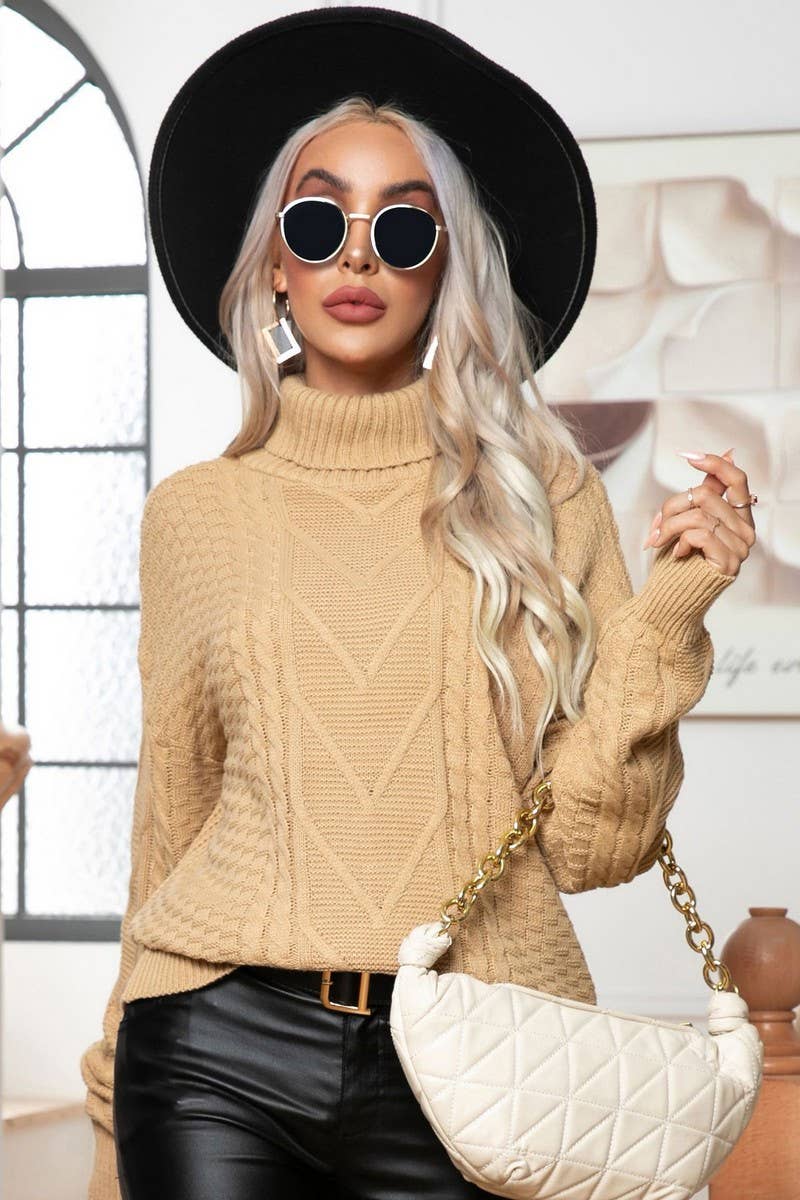 CWOSWL6862_AUTUMN AND WINTER HIGH COLLAR CABLE LOOSE SWEATER