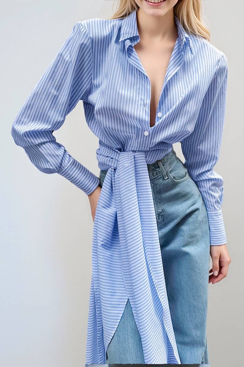 CWTBLL00576_TIE-WAIST STRIPED LONG-SLEEVED SHIRT TOP
