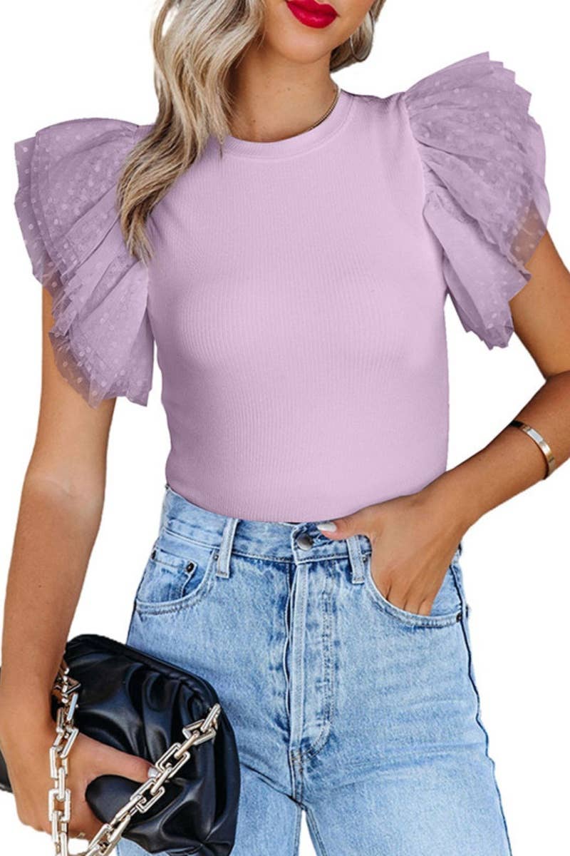 CWTBLS1248_GAUZE SEE-THROUGH LOTUS SLEEVE SHORT SLEEVE TOP