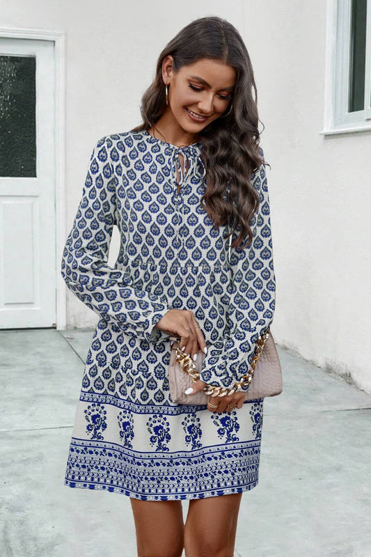 CWDSD4870_PRINTED LONG SLEEVE CREW NECK DRESS