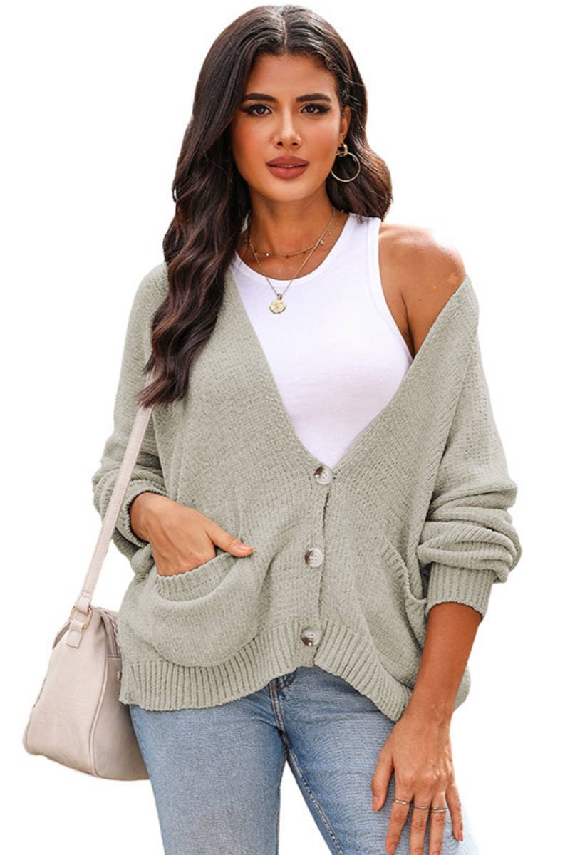 CWOCAL2194_SOLID COLOR DEEP V LONG SLEEVE CARDIGAN TOP