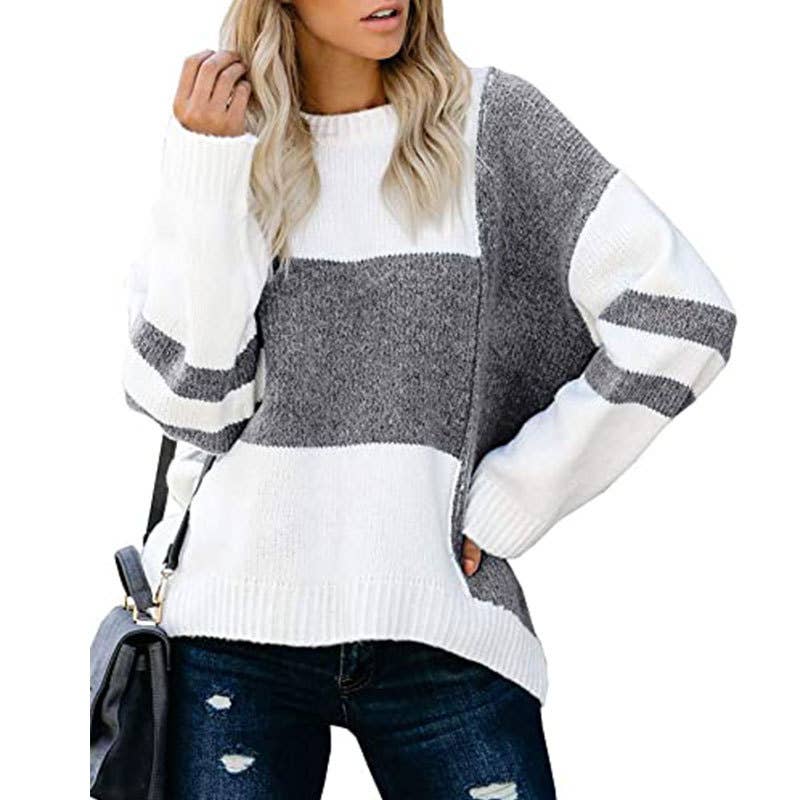 COLOR PATCHWORK CREW NECK PULLOVER SWEATER