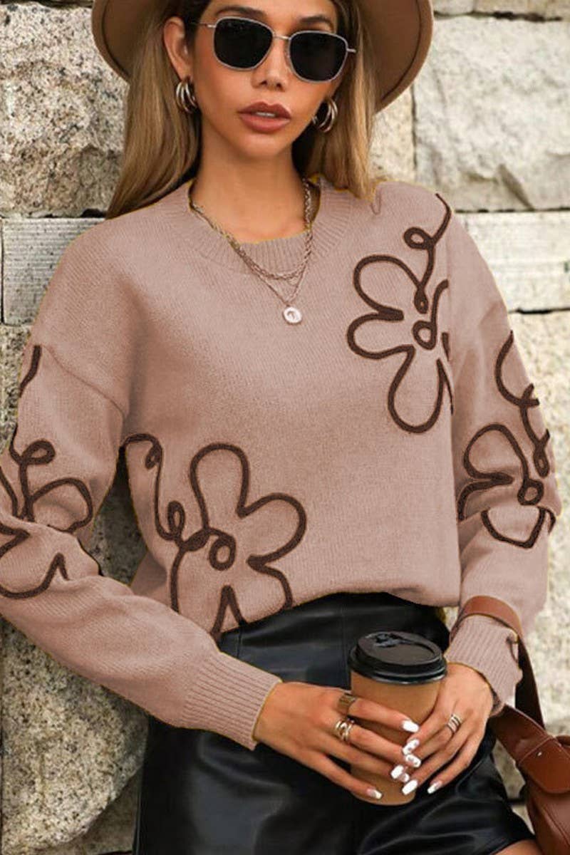 CWOSWL07304_3D FLORAL EMBROIDERED CREWNECK KNIT SWEATER