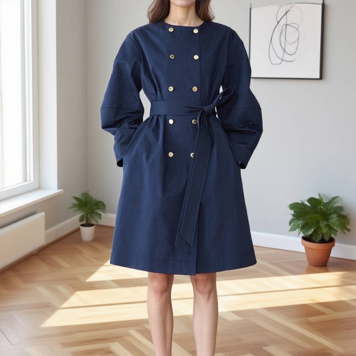 Elegant round-neck double metal -breasted coat