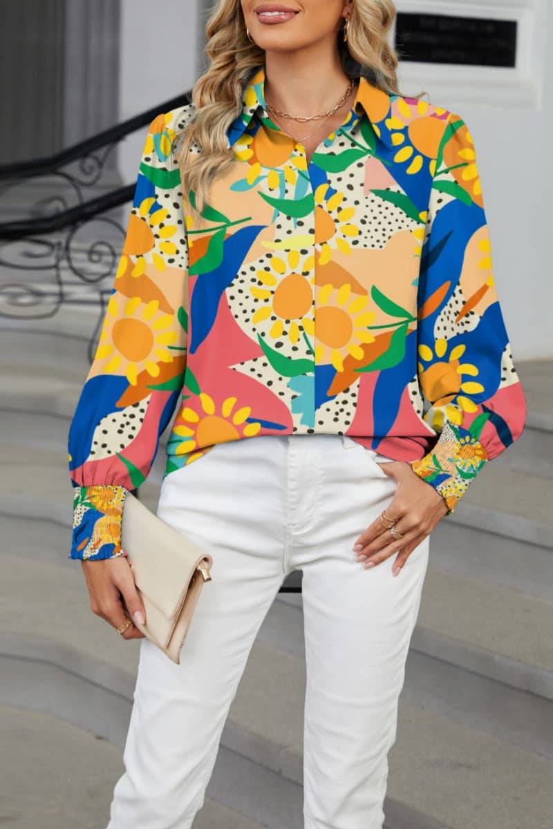 CWTSTL2302_HOLIDAY PRINTED LONG-SLEEVED LANTERN SLEEVE SHIRT