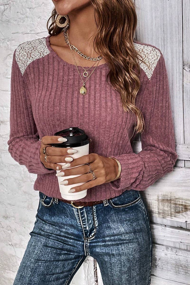 CWTBLL01083_CREW NECK RIBBED LACE LONG SLEEVE TOP
