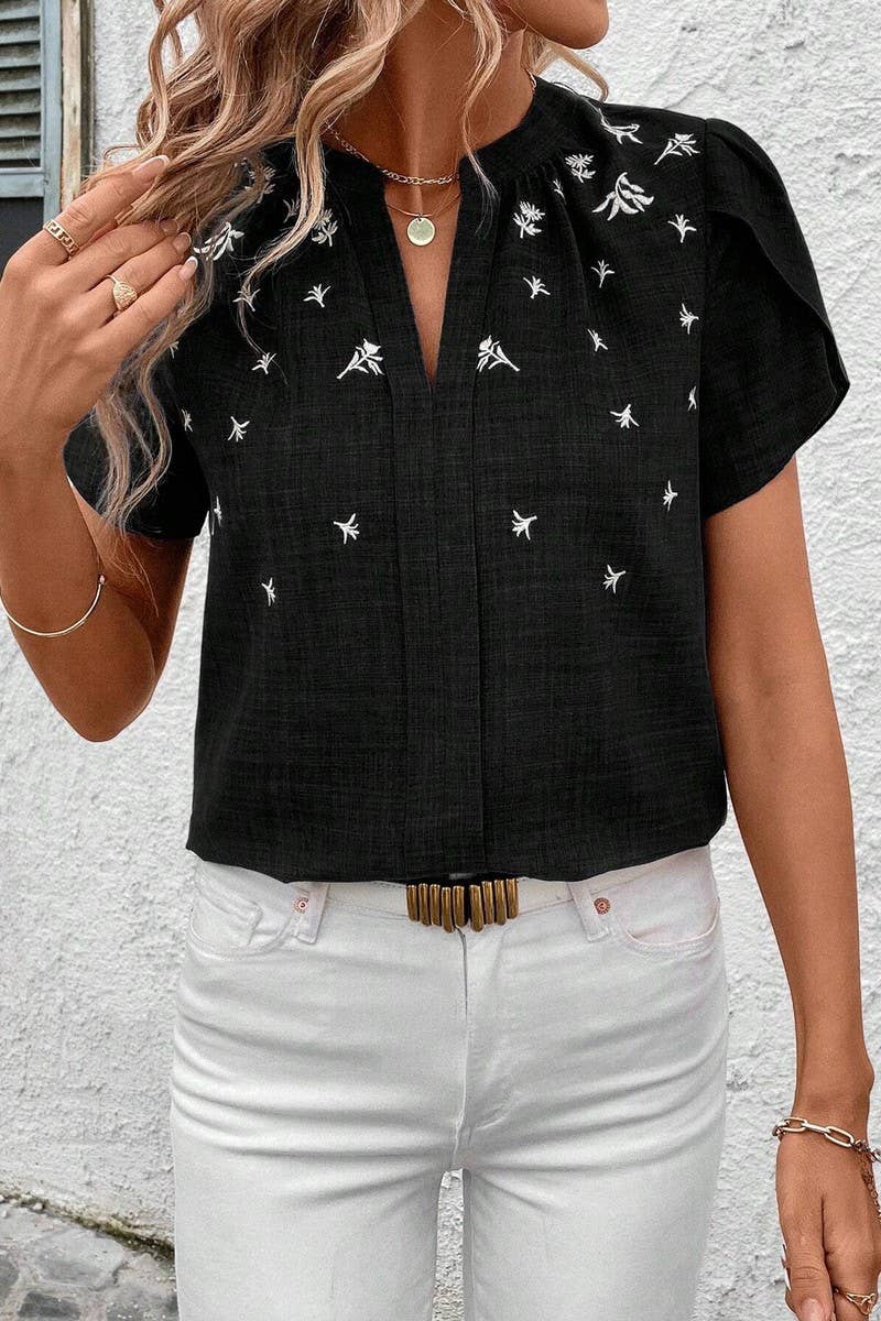 CWTTS1389_SUMMER SOLID COLOR HALF OPEN COLLAR PRINTED TOP