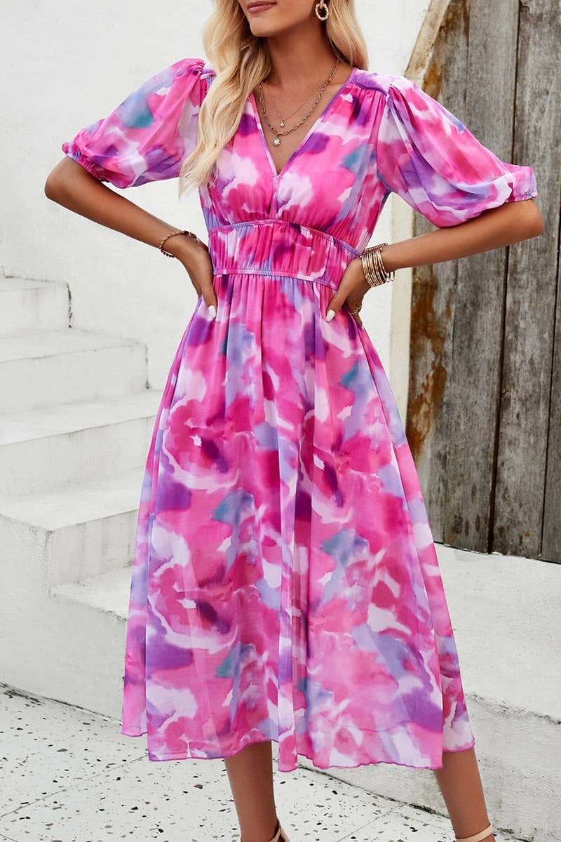 CWDMD0995_Deep V-Neck Short Sleeve Floral Print Midi Dresses