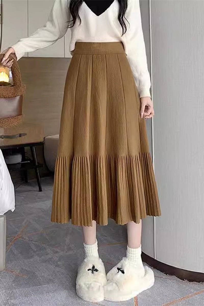 CWBLS0298_SOLID COLOR HIGH WAIST PLEATED KNITTED SKIRT