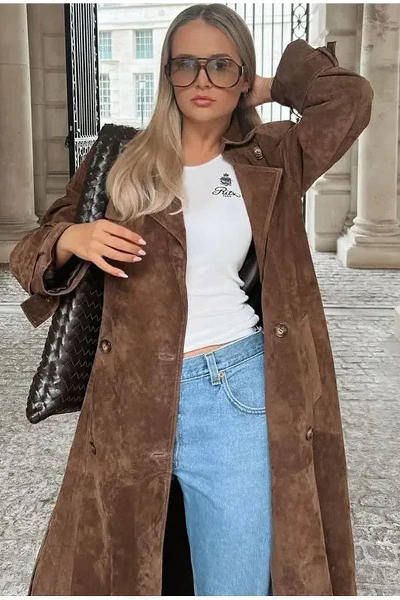 CWOCO1075_DOUBLE BREASTED LAPEL FAUX LEATHER LONG COAT