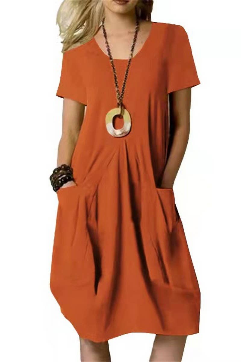 CWDSD10633_WOMEN'S LOOSE ROUND NECK SHORT SLEEVE DRESS