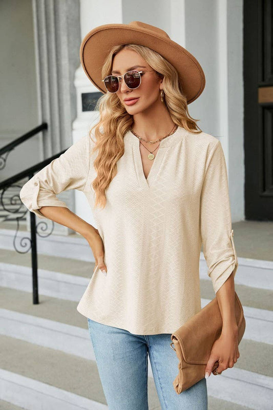 CWTBLL0884_V-NECK BUTTON-DOWN LONG-SLEEVED LOOSE TOP