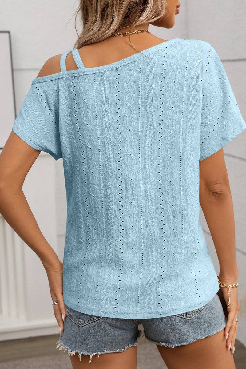 CWTBLS1717_SOLID COLOR ONE SHOULDER HOLLOW SHORT SLEEVE TOP