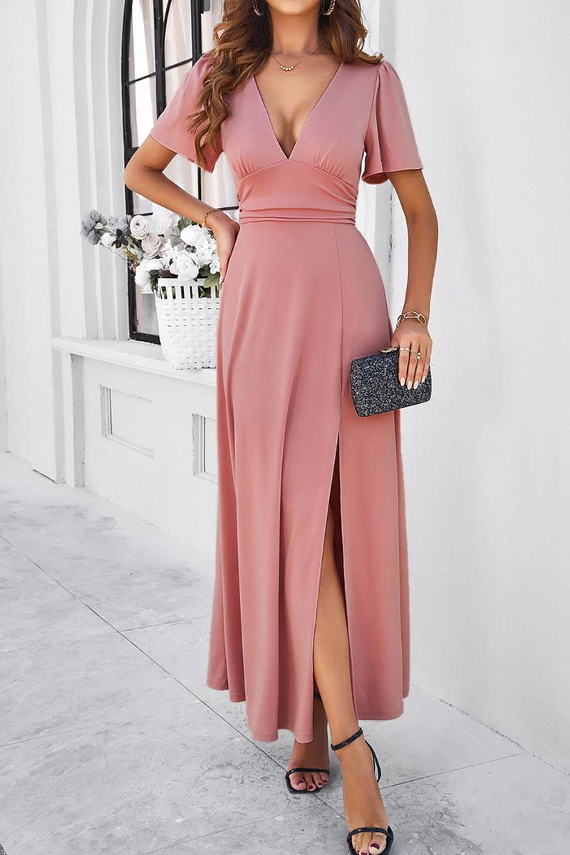 CWDMD1333_V-Neck Short Ruffle Sleeve Maxi Dress