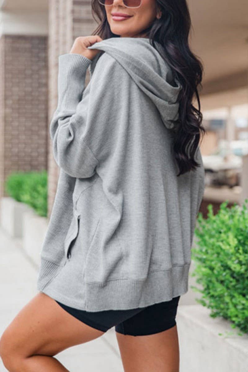 CWOHOL1102_V-NECK SOLID COLOR CASUAL HOODED SWEATSHIRT