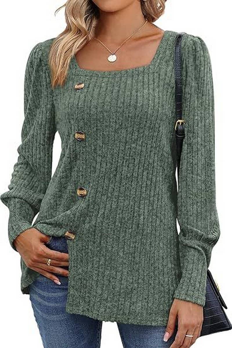 CWTBLL4014_RIBBED SQUARE NECK PUFF SLEEVE SPLIT HEM TOP