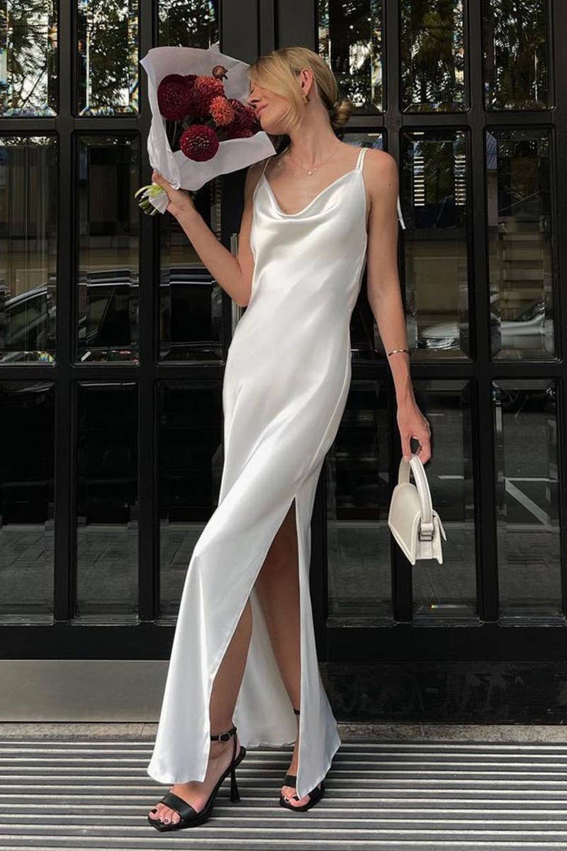 CWDMD5276_BACKLESS TIE SLIT COWL NECK CAMI DRESS
