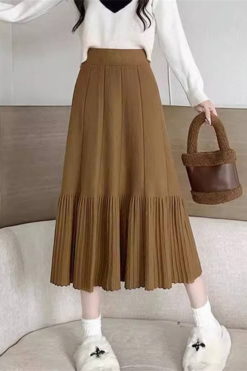 CWBLS0298_SOLID COLOR HIGH WAIST PLEATED KNITTED SKIRT