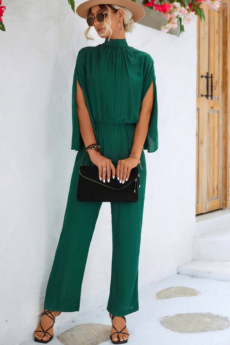 CWSJS0924_SOLID COLOR STAND COLLAR RAGLAN SLEEVE JUMPSUIT