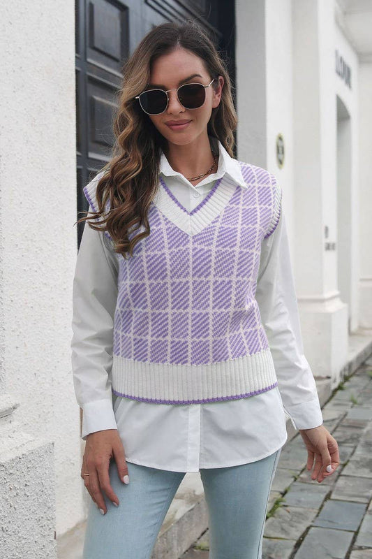 CWOV0692_CASUAL OUTERWEAR STRIPED V-NECK VEST SWEATER