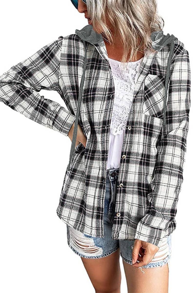 CWTSTL2118_WINTER HOODED PLAID BUTTON-DOWN SHIRT TOP COAT