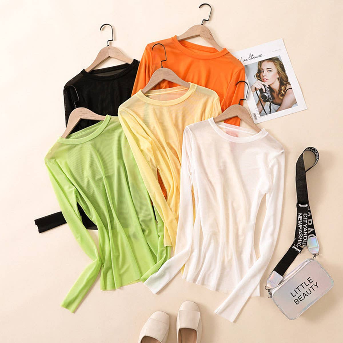 Candy Color Blouse - Long Sleeve Mesh Top_CWTBLL3620