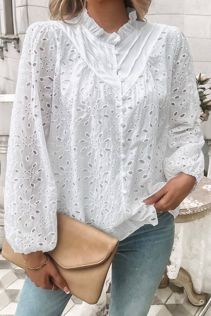 CWTSTL2732_ELEGANT HOLLOW PUFF SLEEVE EMBROIDERED TOP