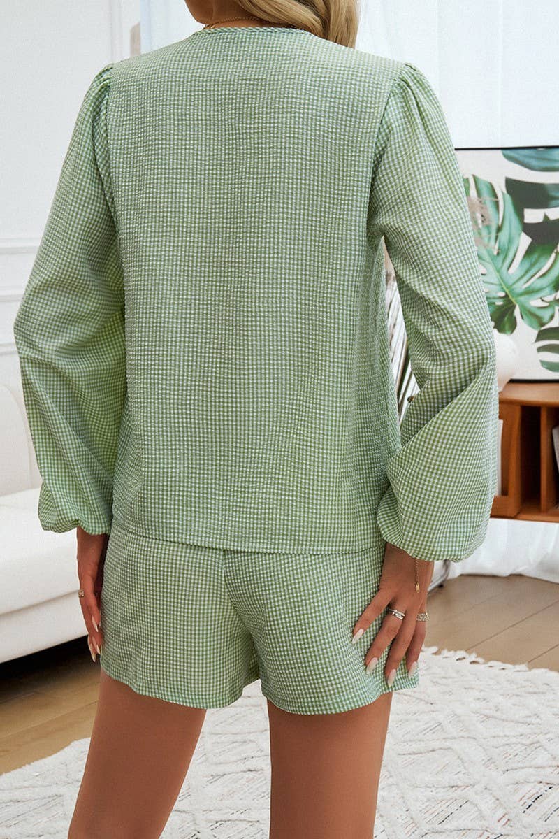 CWSTB0996_PLAID LACE-UP LONG SLEEVE CARDIGAN SHORTS SET