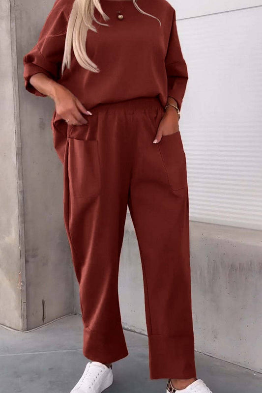 CWSTB1415_SOLID COLOR ROUND NECK LONG SLEEVE TROUSERS SUIT